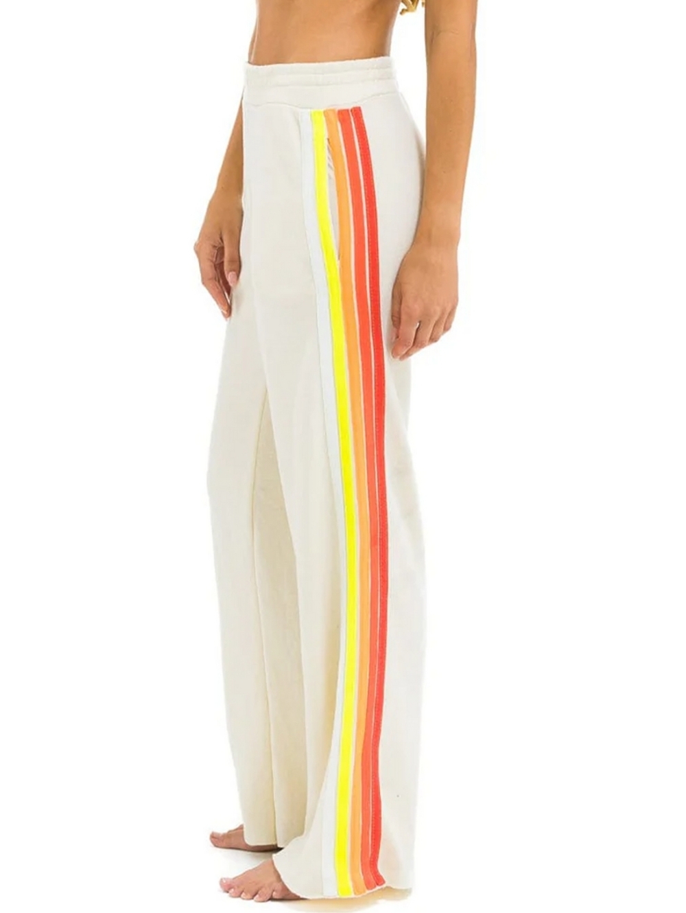 Aviator Nation Cream Wide-Leg Pants with Red and Yellow Side Stripes